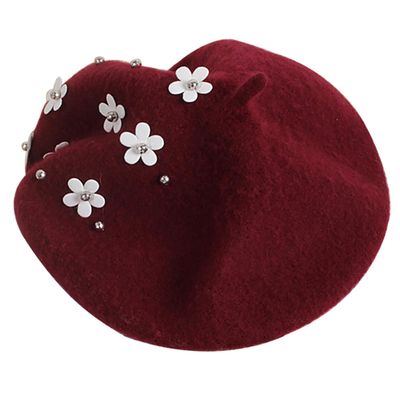 ECYC Children Winter Wool Beret Hat, Fashion Casual Pearl Flower Beret Cap French Beanie Hats for Toddler Girls