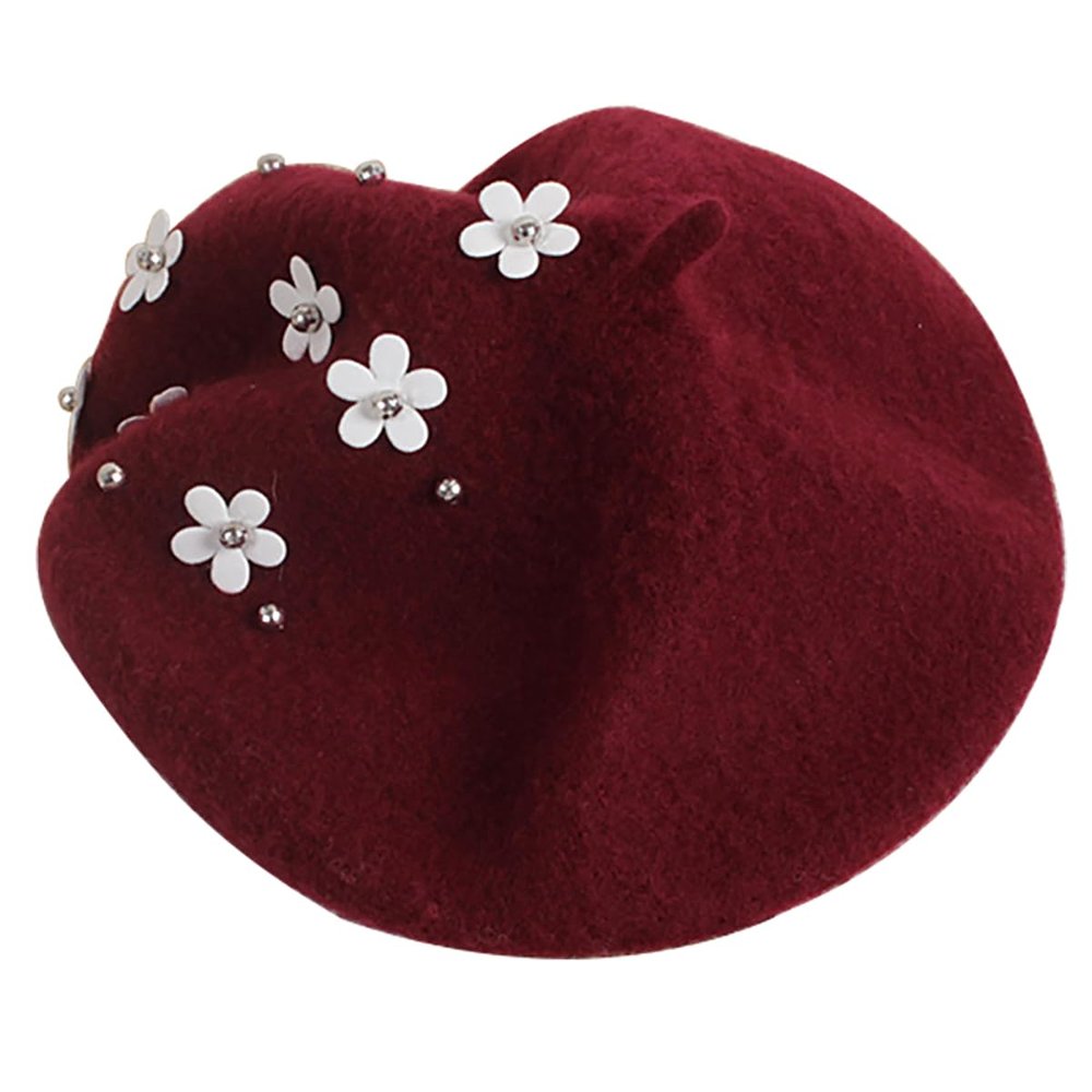 ECYC Children Winter Wool Beret Hat, Fashion Casual Pearl Flower Beret Cap French Beanie Hats for Toddler Girls