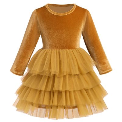 IDOPIP Toddler Baby Girl Velvet Tutu Dress Tulle Ruffle Long Sleeve Princess Christmas Birthday Party Dresses Fall Winter Clothes Kids Vintage Holiday Casual Dress Outfit Champagne - Tulle 1-2 Years