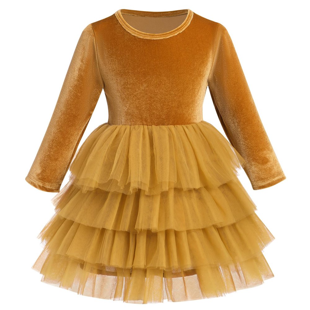IDOPIP Toddler Baby Girl Velvet Tutu Dress Tulle Ruffle Long Sleeve Princess Christmas Birthday Party Dresses Fall Winter Clothes Kids Vintage Holiday Casual Dress Outfit Champagne - Tulle 1-2 Years