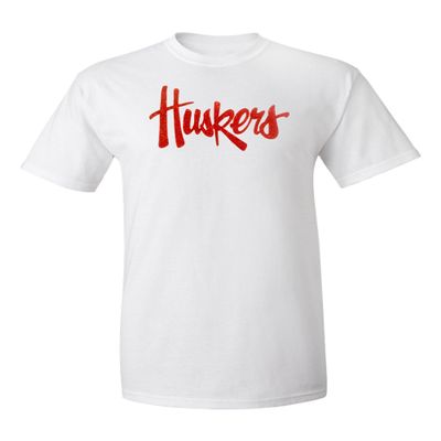 CornBorn Nebraska Huskers Tshirt - Legacy Script Glitter Huskers - White - Medium