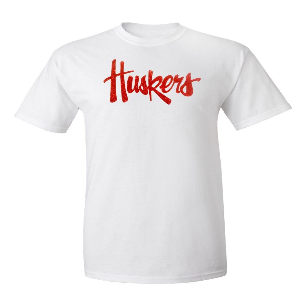 CornBorn Nebraska Huskers Tshirt - Legacy Script Glitter Huskers - White - Medium