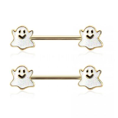 14GA 316L Stainless Steel Happy Little Ghost Ends Nipple Barbells, Sold as a Pair (Gold Tone)