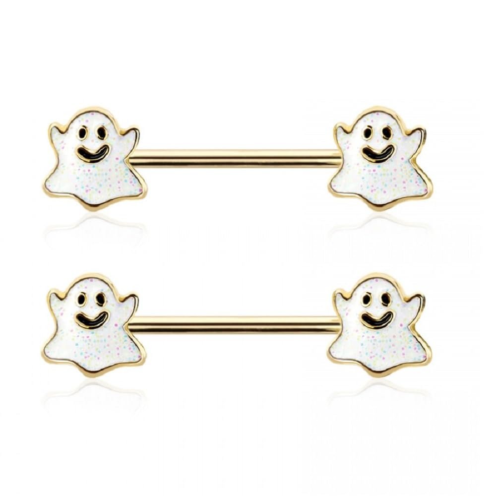 14GA 316L Stainless Steel Happy Little Ghost Ends Nipple Barbells, Sold as a Pair (Gold Tone)