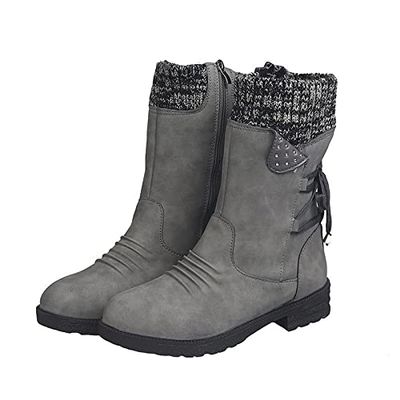 Ctreela Women's Fashion Slouchy Snow Booties Slip-On Mid Calf Chunky Heel Winter Boots Comfortable Combat Boot with Side Zip