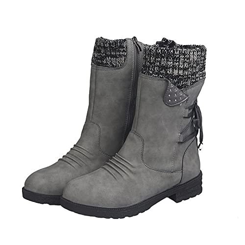 Ctreela Women's Fashion Slouchy Snow Booties Slip-On Mid Calf Chunky Heel Winter Boots Comfortable Combat Boot with Side Zip