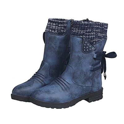 Ctreela Women's Fashion Slouchy Snow Booties Slip-On Mid Calf Chunky Heel Winter Boots Comfortable Combat Boot with Side Zip