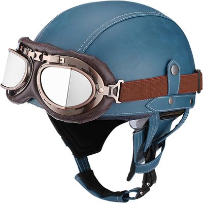 Motorcycle Retro Half Helmet, German Style Leather Half Face Helmet, DOT Approved Vintage Motorcycle Helmet Cap Half Shell Helmet with Goggles and Hidden Visor and Random face Towel (7,Medium)