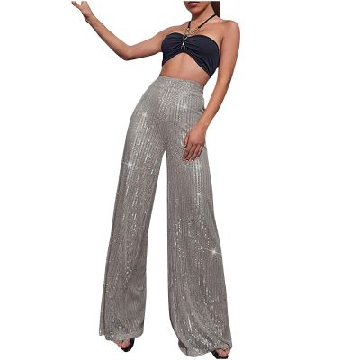 Sequin Pants for Women High Waist Palazzo Pants Long Culottes Glitter Wide Leg Pants Bling Party Clubwear Trousers
