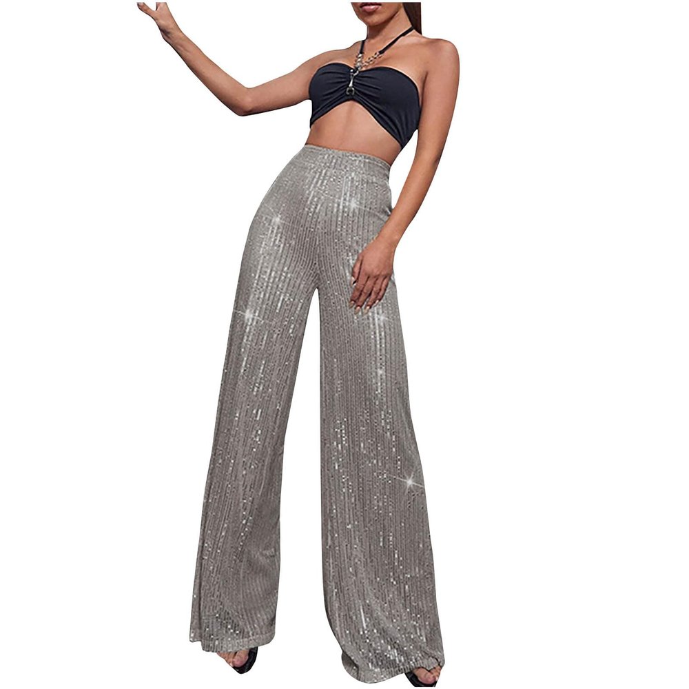 Sequin Pants for Women High Waist Palazzo Pants Long Culottes Glitter Wide Leg Pants Bling Party Clubwear Trousers
