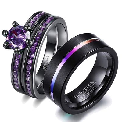 His Hers Wedding Ring Sets Couples Matching Rings Women's 18k Black Gold Filled Violet CZ Wedding Engagement Ring Bridal Sets & Men's Tungsten Carbide Wedding Band
