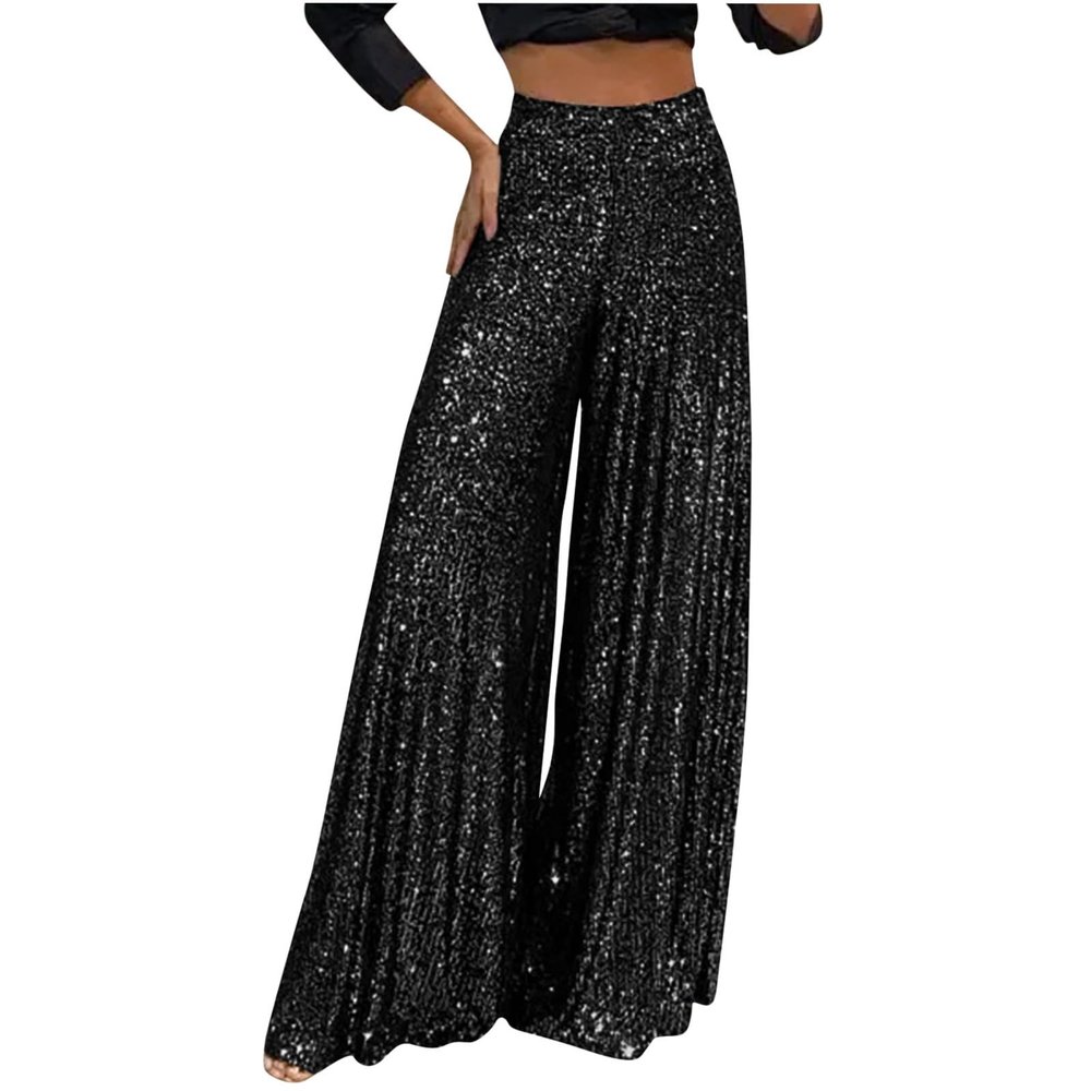Sequin Pants for Women High Waist Palazzo Pants Long Culottes Glitter Wide Leg Pants Bling Party Clubwear Trousers