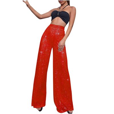Sequin High Waist Palazzo Pants for Women - Long Culottes Glitter Wide Leg Trousers - Bling Party Clubwear