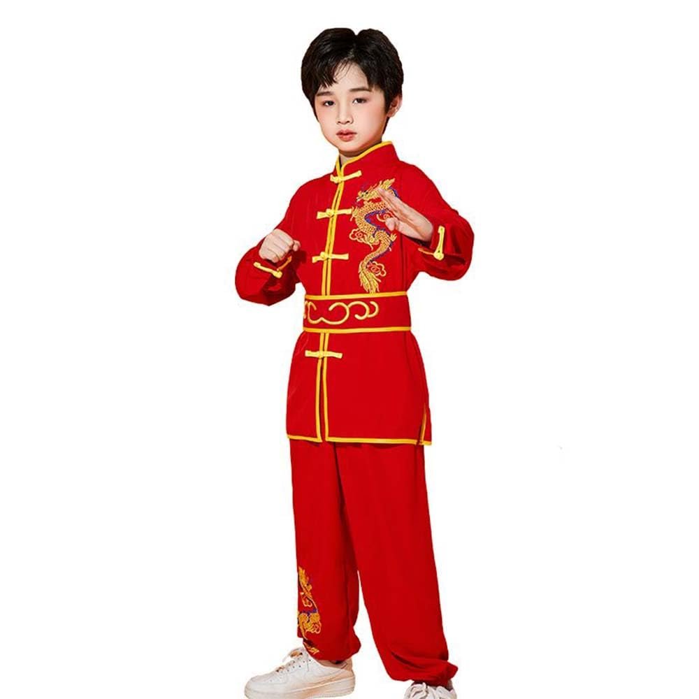 YEMYIQZ Kung Fu Uniform for Boys Girls Kids Traditional Chinese Embroidered Tai Chi Wing Chun Master Martial Arts Set Outfit (Red, XL)