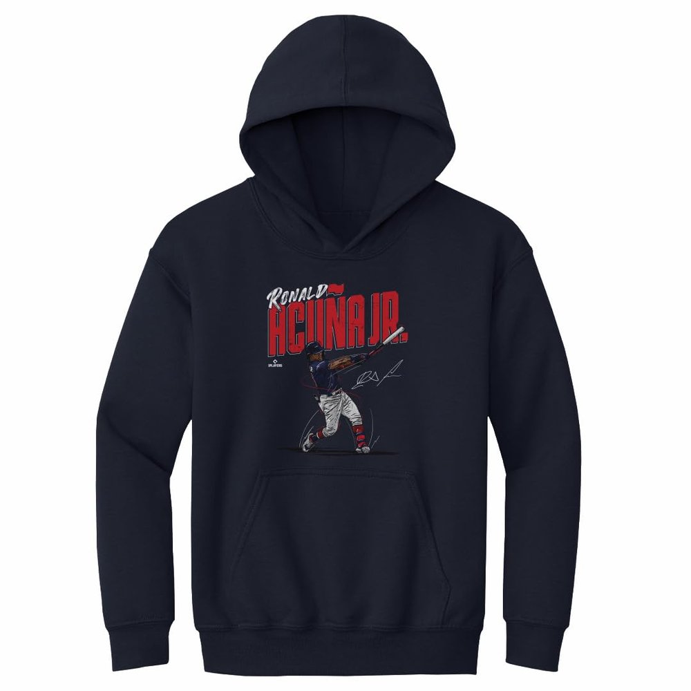500 LEVEL Ronald Acuna Jr. Youth Sweatshirt (Youth Hoodie, Medium, Navy) - Ronald Acuna Jr. Chisel WHT