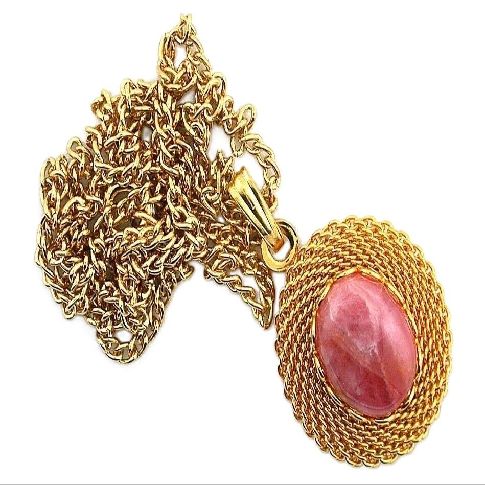 12x10 Oval Rhodocrosite Gem Goldplated Gold Plated Mesh Pendant Chain EBS9268