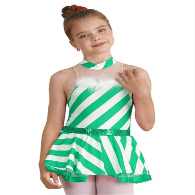 QinCiao Christmas Candy Cane Costume for Kids Girls Striped Mesh Splice Figure Ice Skating Dress Dance Wear Green 4 Years