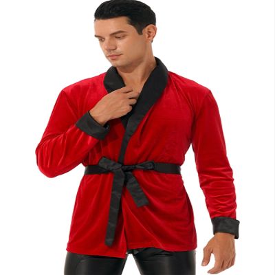 Xnihocha Men's Vintage Velvet Bachelor Smoking Jacket with Belt Short Loungewear Robe for Home Dinner Christmas Party Red 3X-Large