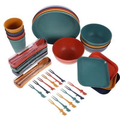 Kichvoe 1set Wheat Straw Tableware Reusable Camping Dinnerware for Outdoor Activities Lightweight and Portable Cutlery Bowls Plates Cups Forks Spoons and Chopsticks