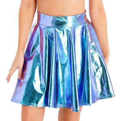 JanJean Women Shiny Metallic Pleated Skirt Skater Miniksirt Ballet Dance Costume Halloween Party Club Shiny Medium