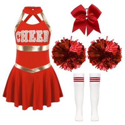 TSSOE Kids Girls Sleeveless Cheerleading Outfits School Event Cheer Leader Costume Halloween Dress Up G04 16 Years