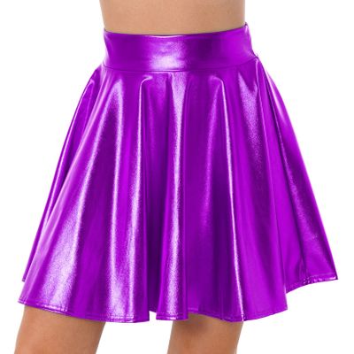 JanJean Women Shiny Metallic Pleated Skirt Skater Miniksirt Ballet Dance Costume Halloween Party Club Purple X-Large