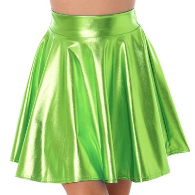 TSSOE Women Shiny Metallic Pleated Skirt Skater Miniksirt Dance Skirt Halloween Rave Party Clubwear Green Medium