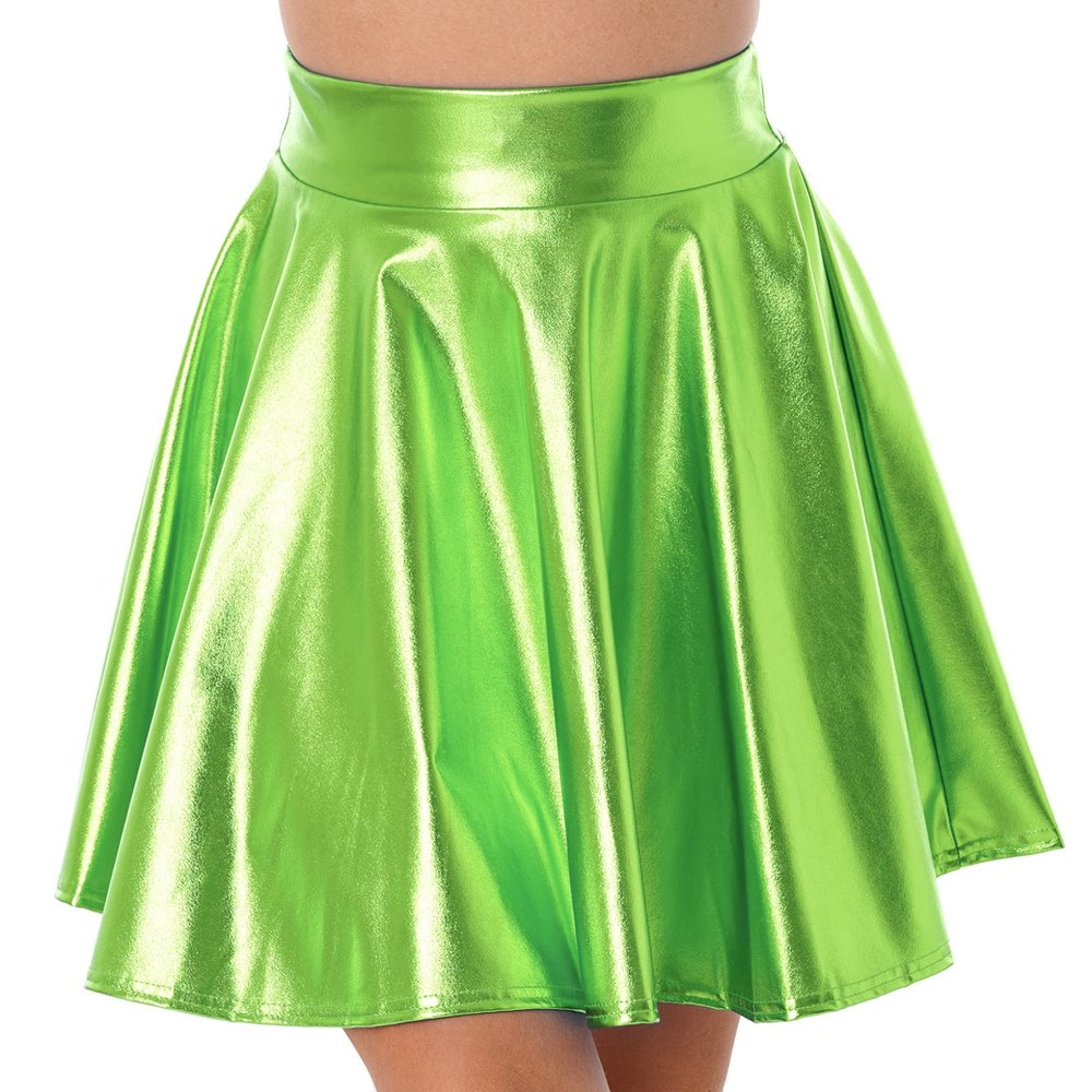 JanJean Women Shiny Metallic Pleated Skirt Skater Miniksirt Ballet Dance Costume Halloween Party Club Green X-Large