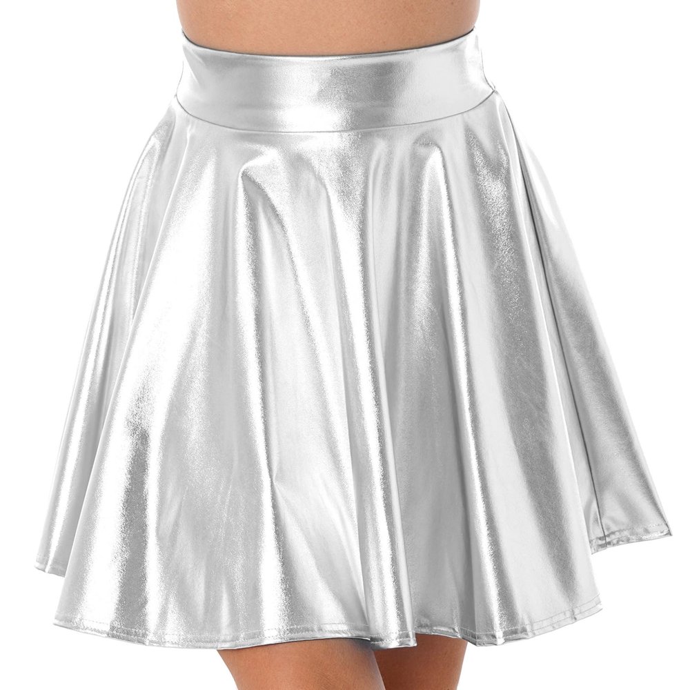 TSSOE Women Shiny Metallic Pleated Skirt Skater Miniksirt Dance Skirt Halloween Rave Party Clubwear Silver Medium