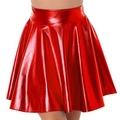 JanJean Women Shiny Metallic Pleated Skirt Skater Miniksirt Ballet Dance Costume Halloween Party Club Red X-Large