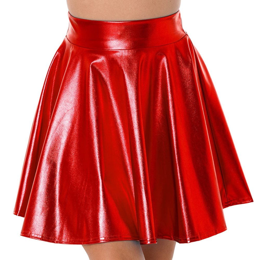 JanJean Women Shiny Metallic Pleated Skirt Skater Miniksirt Ballet Dance Costume Halloween Party Club Red X-Large