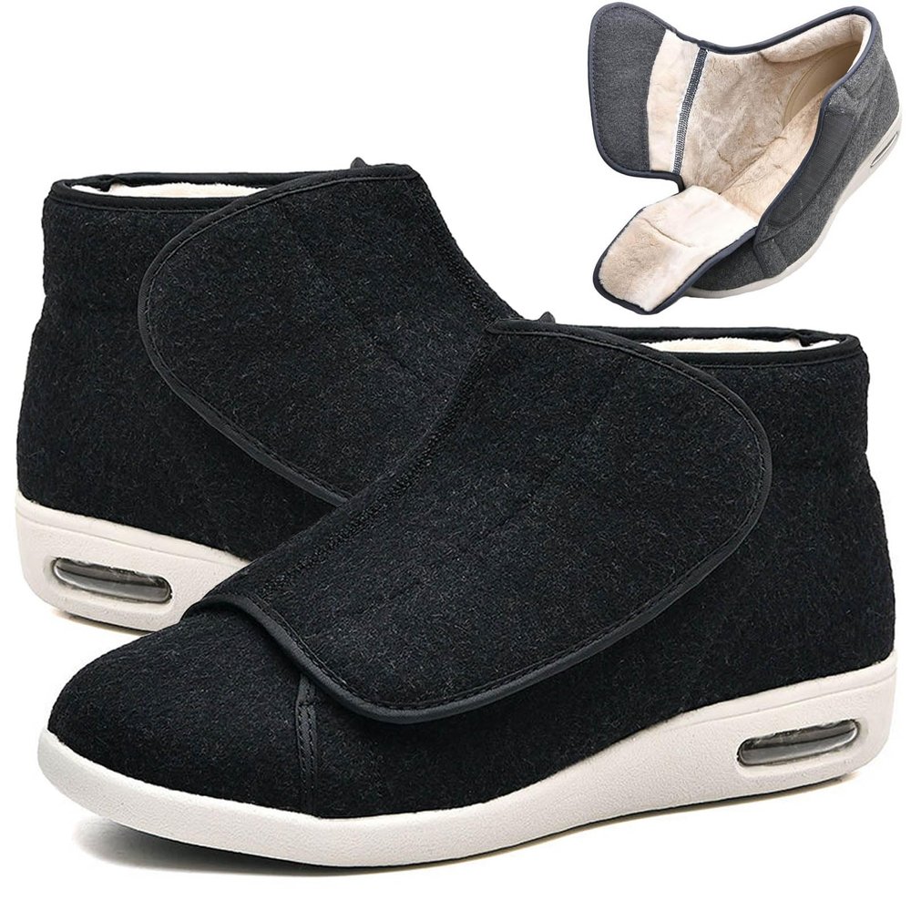 Men's Diabetic Winter Warm Fleece Shoes, Non-Slip Round Toe Adjustable Wide Memory Form Boots Extra Wide Bootie Slippers for Seniors With Swollen Feet BlackMen 11.5