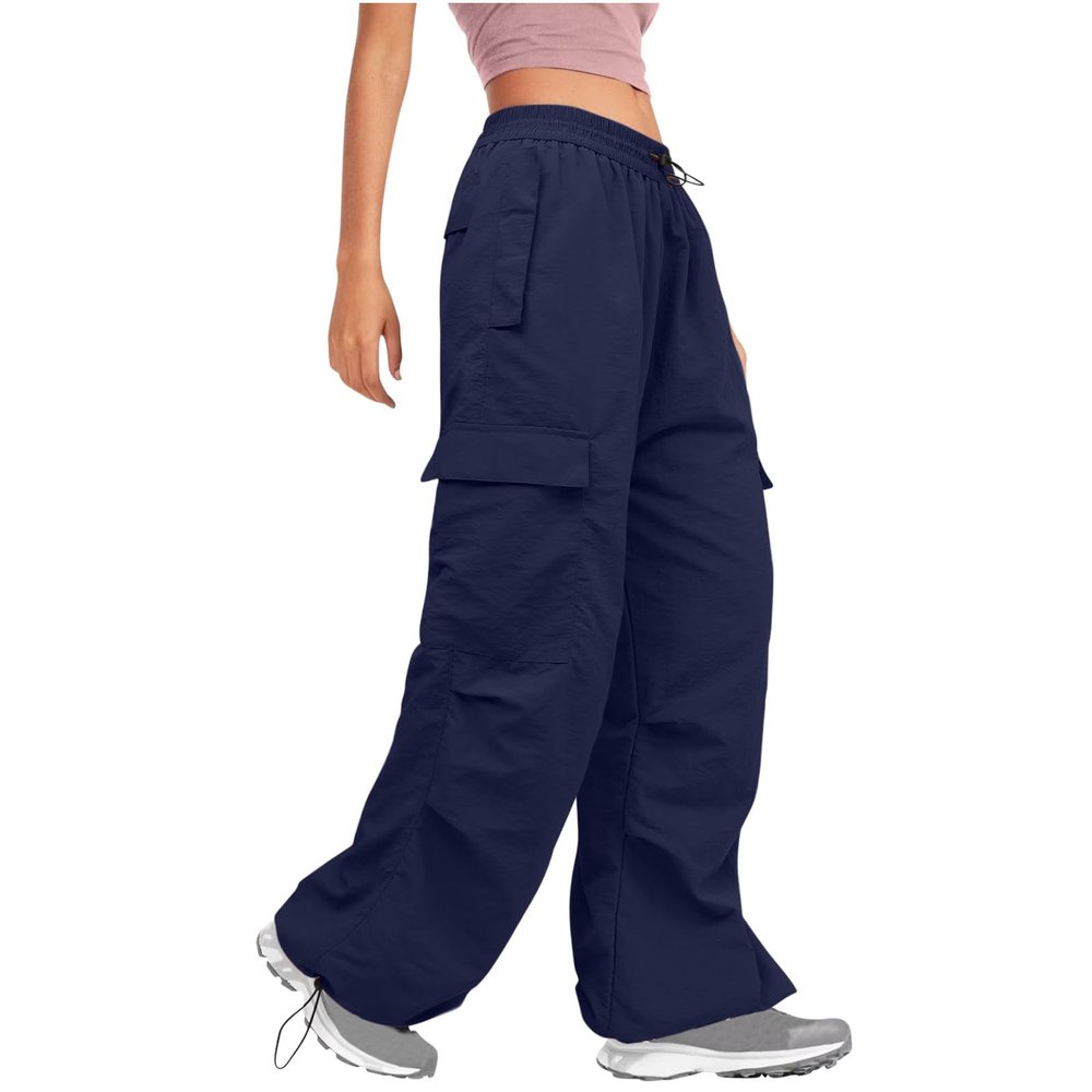 NATHGAM Women's Cargo Pants Fashion Street Baggy Comfy Wide Leg Low Waist Harem Pants Y2K Teen Girl Streetwear with Pockets Dark Blue