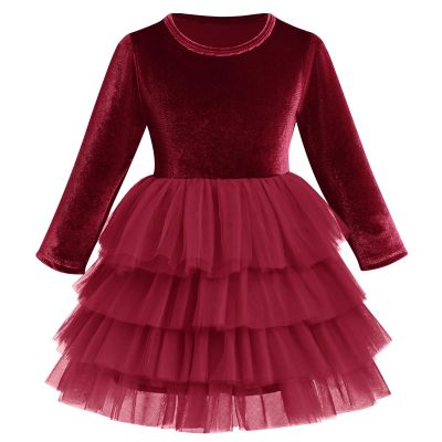 Toddler Girls Velvet Dress Long Sleeve Christmas Dresses for Baby Girls Burgundy Flower Girl Tutu Tulle Dress Fall Winter Fancy Party Twirl Dress Vestidos Elegantes para Ni?as Wine Red 3-4 Years