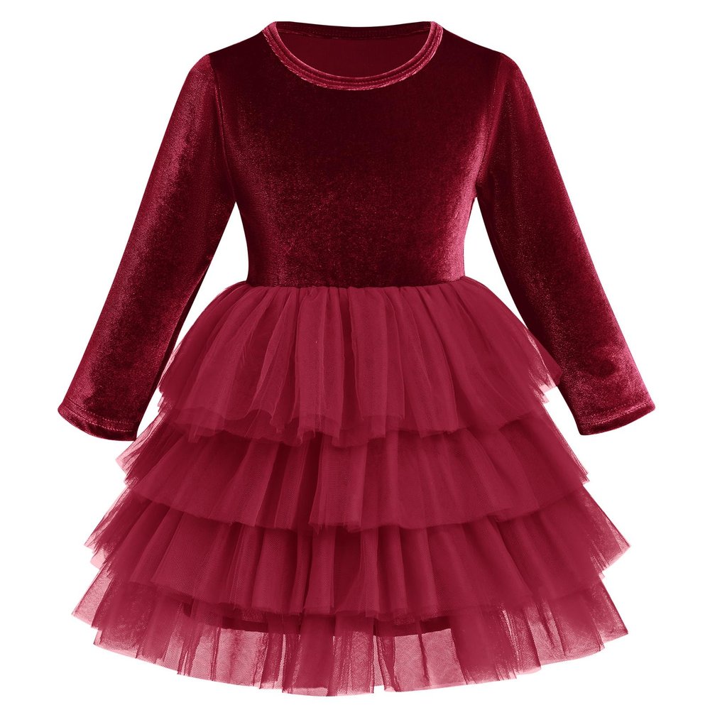 Toddler Girls Velvet Dress Long Sleeve Christmas Dresses for Baby Girls Burgundy Flower Girl Tutu Tulle Dress Fall Winter Fancy Party Twirl Dress Vestidos Elegantes para Ni?as Wine Red 3-4 Years