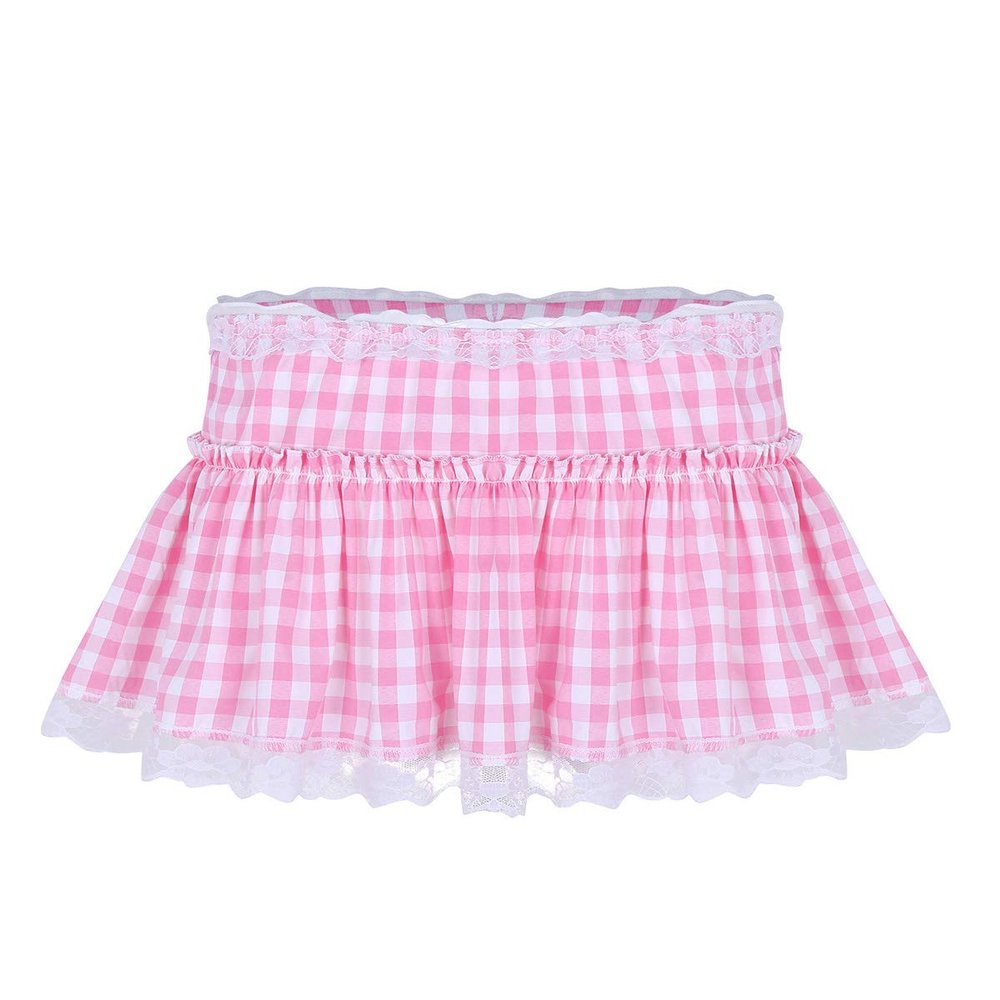 Miutii Womens Schoolgirls Short Gingham Miniskirt with Lace Hem Pleated Sissy Lingerie A-line Skirt Pink Large