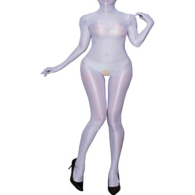 Agoky Women's Crotchless Bodystocking Bodysuits Smooth Nylon Sheer Zipper Jumpsuits Shapewear White X-Large