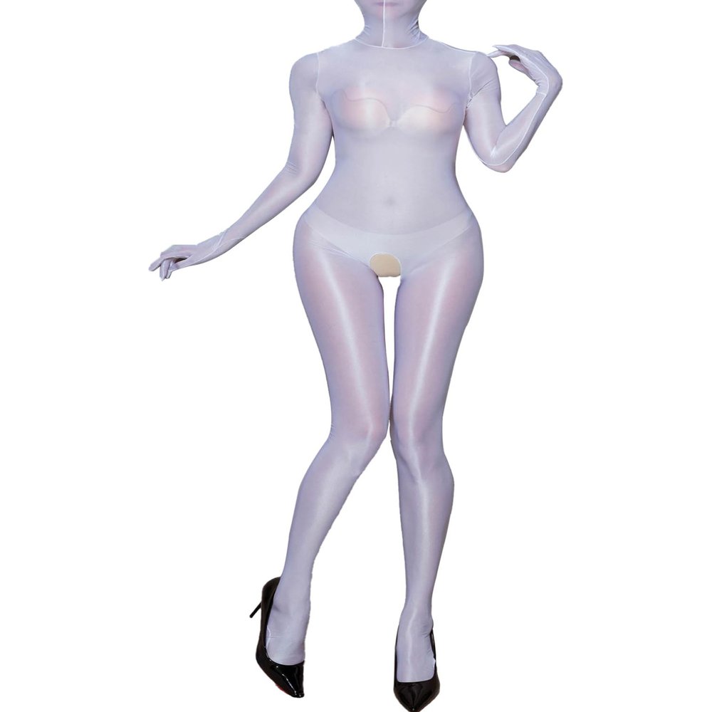 Agoky Women's Crotchless Bodystocking Bodysuits Smooth Nylon Sheer Zipper Jumpsuits Shapewear White X-Large