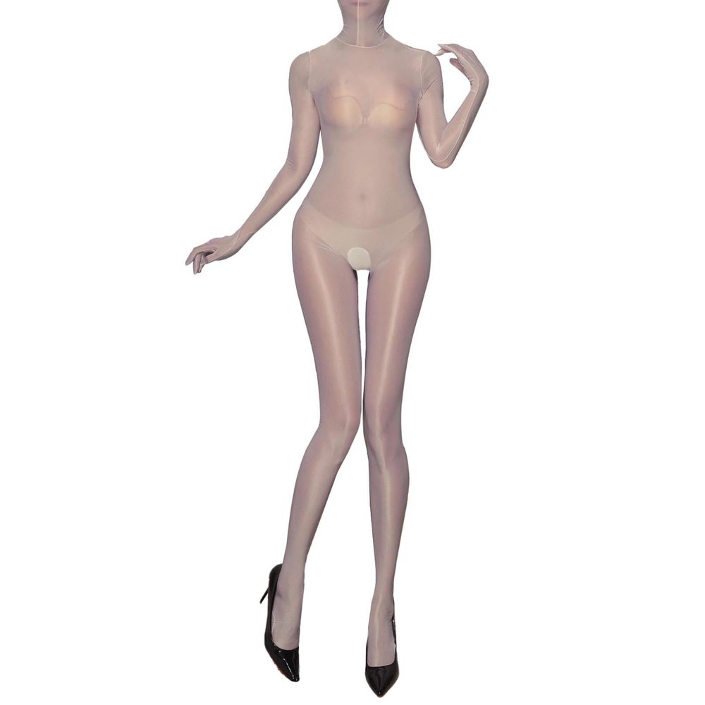 Agoky Women's Crotchless Bodystocking Bodysuits Smooth Nylon Sheer Zipper Jumpsuits Shapewear Nude Medium