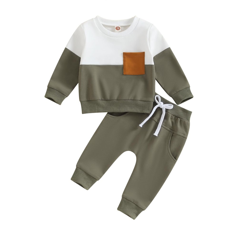 Infant Baby Boy Fall Pants Outfits Color Block Long Sleeve Sweatshirts Pants Set Newborn Boys Pants Outfit Set (Army Green 13, 0-6 Months)