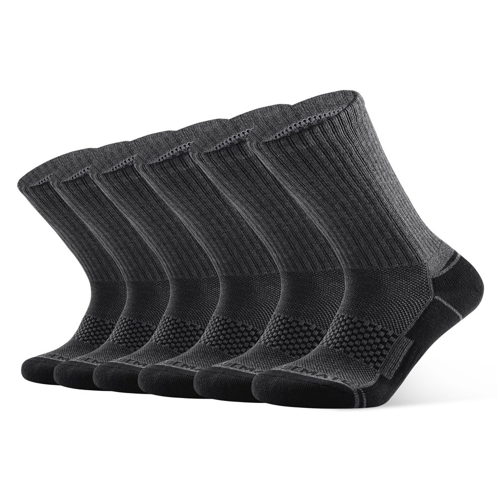 CLOSEMATE Mens Moisture-Wicking Athletic Cushioned Crew Socks 6 Pairs Cotton Comfy for Running Training Sports(6 Grey Black, Size M)