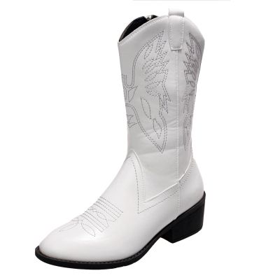 Cowboy Boots For Women Mid Calf Green Cowboy Boots for Women Wide Calf Knee High Cowgirl Boots with Side Zipper Embroidery Mid Heel Retro Fashion Tall Boot Pull On for Ladies
