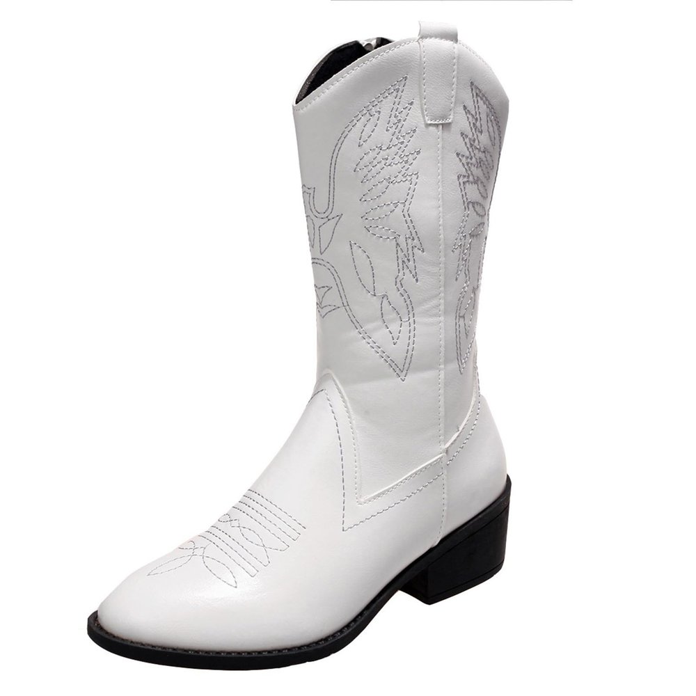 Cowboy Boots For Women Mid Calf Green Cowboy Boots for Women Wide Calf Knee High Cowgirl Boots with Side Zipper Embroidery Mid Heel Retro Fashion Tall Boot Pull On for Ladies