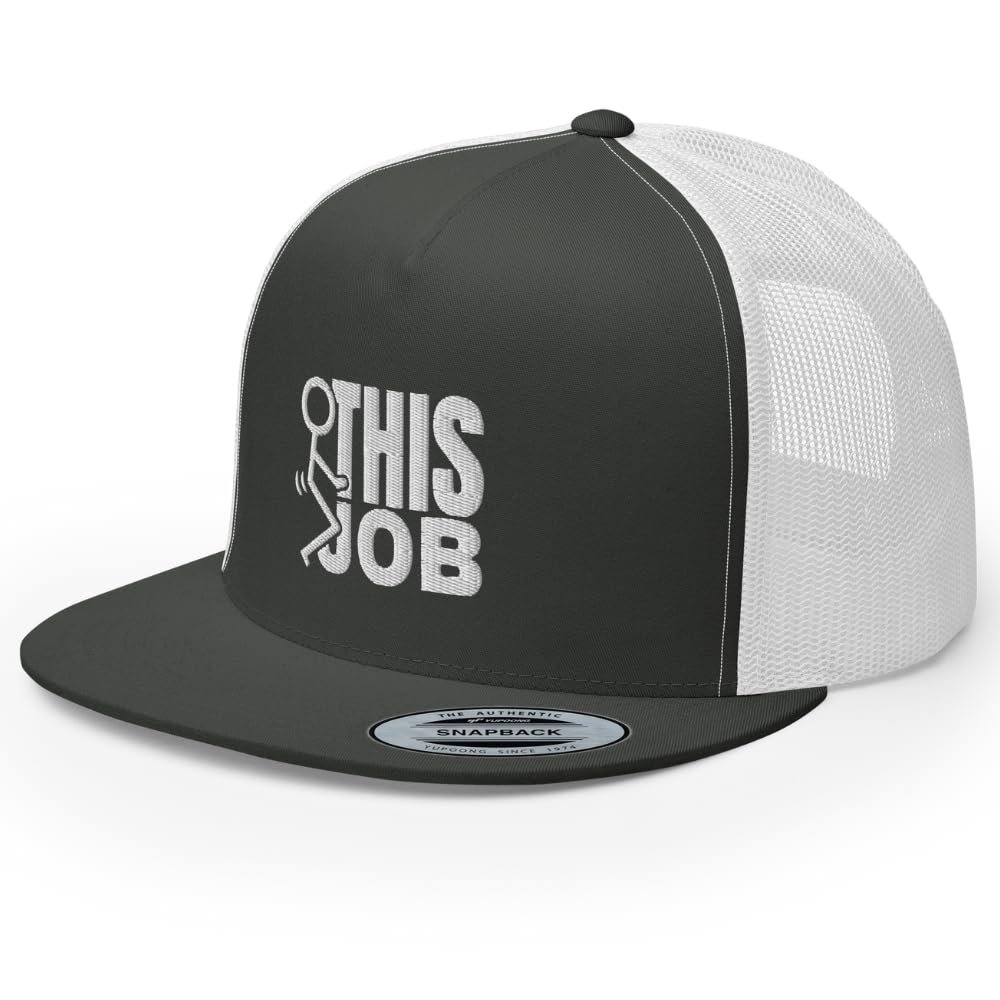 RIVEMUG Funny Fuck This Job Trucker Hat Flat Bill High Crown Adjustable Cap Charcoal/White