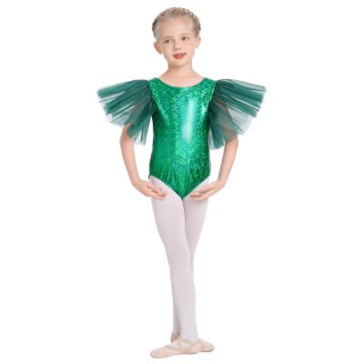 AFAVOM Shiny Metallic Ballet Leotards for Girls Toddler Ruffle Tulle Dance Leotard Sparkle Gymnastics Leotards Performance Ballerina Dancewear for Kids Halloween Dance Dress Costume Green 7-8 Years