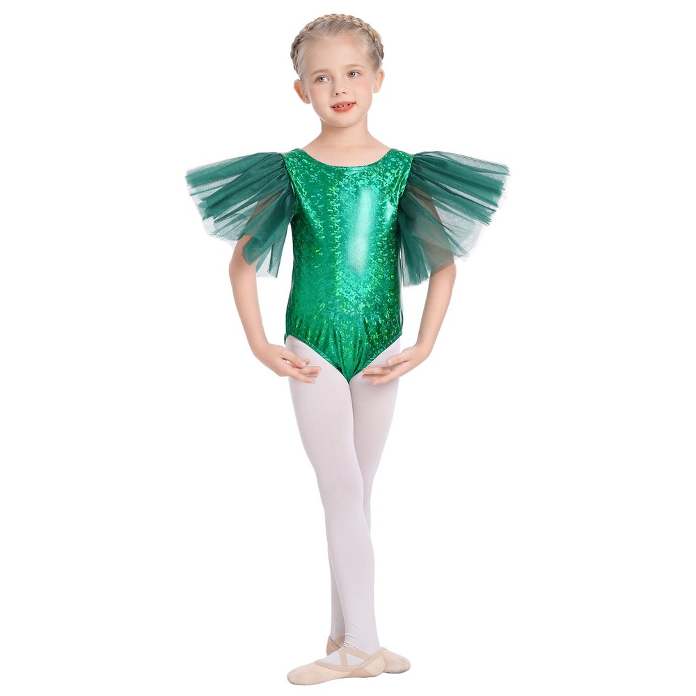AFAVOM Shiny Metallic Ballet Leotards for Girls Toddler Ruffle Tulle Dance Leotard Sparkle Gymnastics Leotards Performance Ballerina Dancewear for Kids Halloween Dance Dress Costume Green 7-8 Years