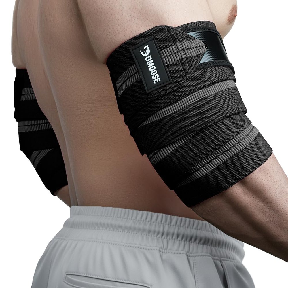 DMoose Fitness Elbow Wraps for Weightlifting (Pair) - 40'' Adjustable Elbow Strap for Gym Workout, Bench Press & Powerlifting - Compression Wraps for Tendonitis & Joint Support (Grey Stripes)