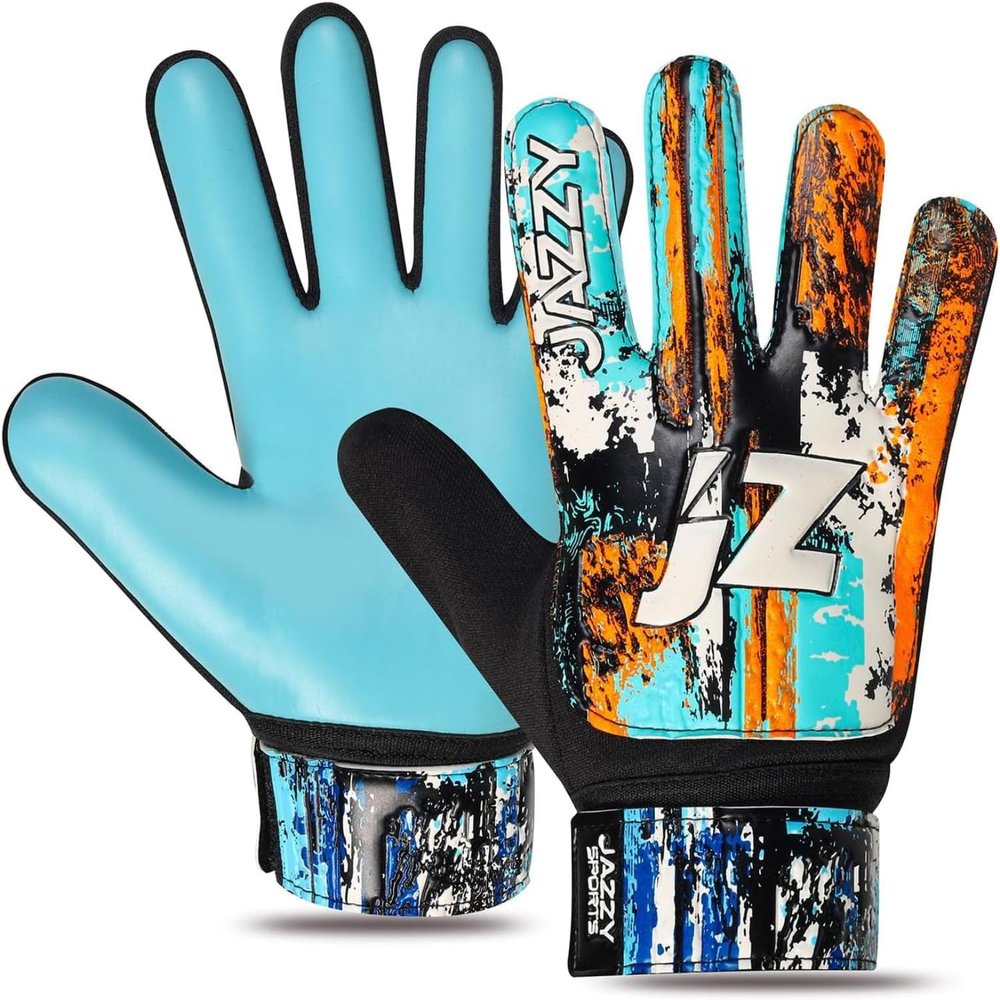 Jazzy Sports Soccer Goalie Gloves for Kids Boys Children Youth,Funky Football Goalkeeper Gloves Anti Slip 4mm Latex Palm Along with Durable Grip & Double Wrist Protection (Cyan Blue, Size 8)