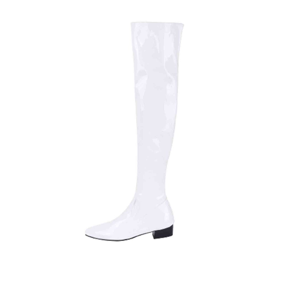 Ctreela Over The Knee Go Go Boots for Women Chunky Stacked Pointed Toe Party Boots Patent Leather Low Heel Pull on Booties