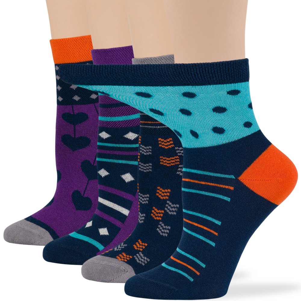 7BIGSTARS KINGDOM Women's Cotton Diabetic Quarter Patterned Socks - 4 Pack Large Seamless Polka Dot Heart Sock Size 10-12 Shoe Size 8-12 L Dark Navy, Purple, Grey, Blue,Orange